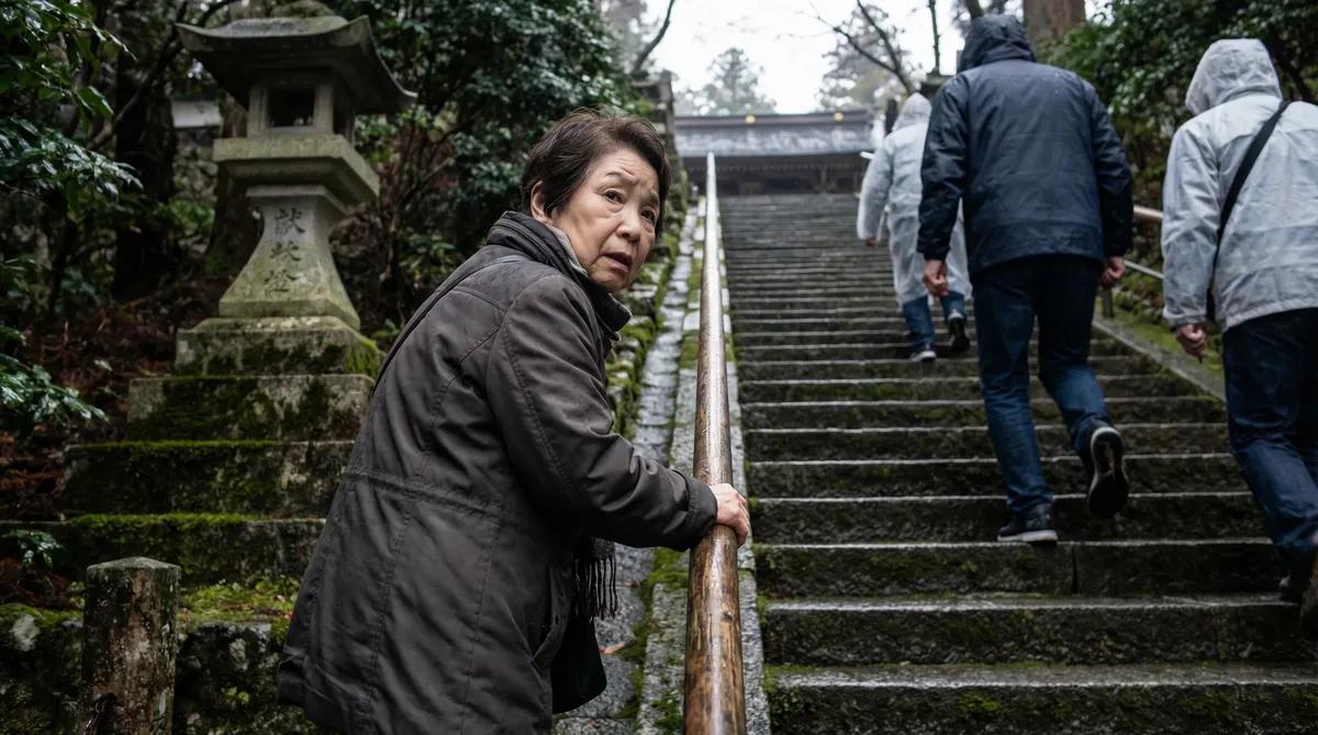 石段の下で手すりにつかまり立ち止まるお母様