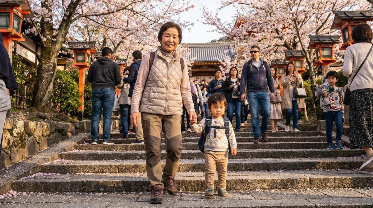 孫の手を引きながら石段を笑顔で登るお母様