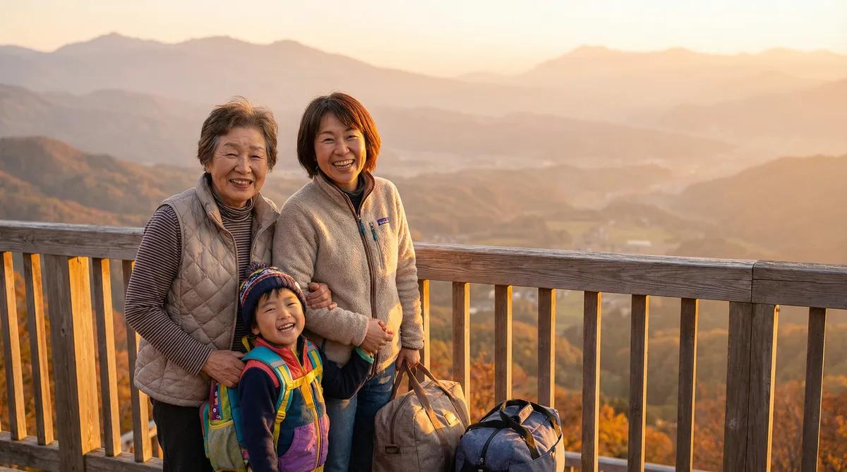 家族旅行で絶景を楽しむ三世代家族